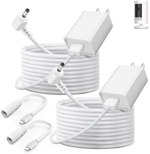 Main image of 2-Pack Power Adapter Charger Cable Compatible with Ring Stick Up Cam Battery/Plug-in 3rd Gen/2nd Gen & Ring Pan Tilt Stick Up Camera, Indoor/Outdoor Weatherproof Power Cord (4m/13.1ft) White