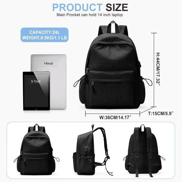 Alt view image 2 of 5 - WEPOET Black School Backpack for Teens Boys Girls Cute Corduroy Bookbag Classic Casual High School Bag Lightweight College Backpack For Women Men