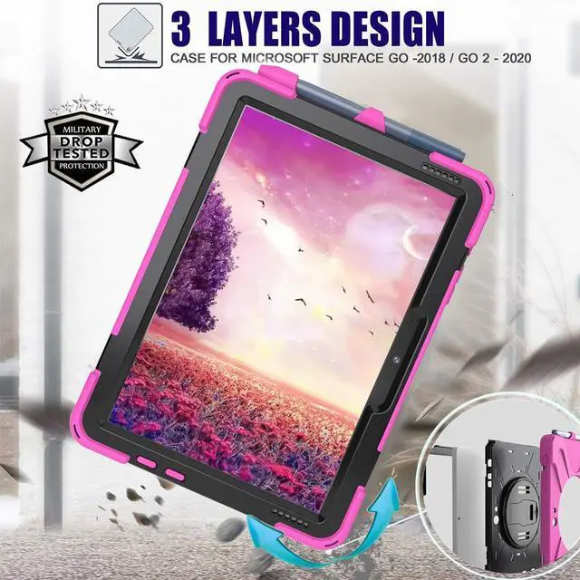 Alt view image 2 of 5 - Sfulatdc Tablet Case with 360 Rotating Strap and Stand Heavy Duty Protective Full Body Cover Compatible with Microsoft Surface Go 4/3/2/1 Pink