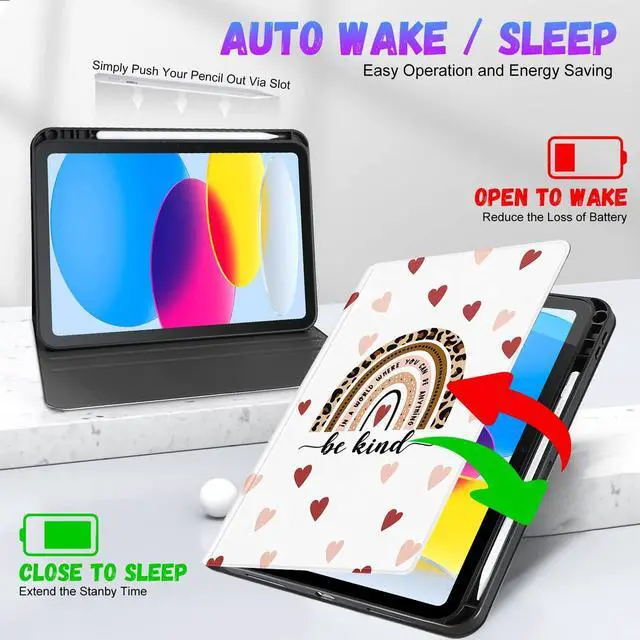 Alt view image 5 of 5 - Uppuppy for iPad 10th Generation Case 10.9 Inch, for iPad 11th(A16) 2025 Girls Cute Kids Women Folio Cover Pencil Holder Boho Rainbow Aesthetic Design Girly Kawaii Teens Tablet Cases for Apple 10/11