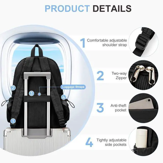 Alt view image 5 of 5 - WEPOET Black School Backpack for Teens Boys Girls Cute Corduroy Bookbag Classic Casual High School Bag Lightweight College Backpack For Women Men