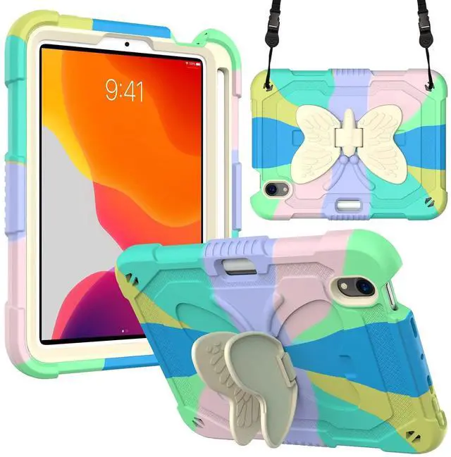 Main image of YQG Compatible with iPad Mini 6 Case 8.3 inch 2021,iPad 6th Generation for Kids Boy Girl Gift, Cute Butterfly Wings Kickstand Shockproof Silicone Cover 8.3 inch-Colourful Green