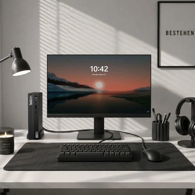 Alt view image 4 of 5 - Lenovo M75q Gen 2 Business Desktop Tiny PC, AMD Ryzen 3 Pro 5350GE, 8GB DDR4 RAM, 128GB SSD, 24 Inch LED Monitor, HDMI, Display Ports, Wi-Fi, Keyboard and Mouse, Windows 11 Pro