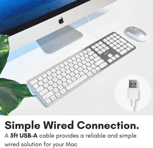 Alt view image 3 of 7 - Macally Wired Keyboard for Mac with USB Ports for Mouse - Compatible Apple Keyboard for MacBook Pro/Air, iMac - Aluminum Frame