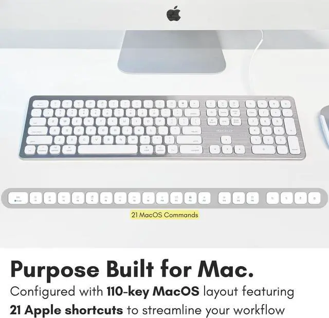 Alt view image 4 of 7 - Macally Wired Keyboard for Mac with USB Ports for Mouse - Compatible Apple Keyboard for MacBook Pro/Air, iMac - Aluminum Frame