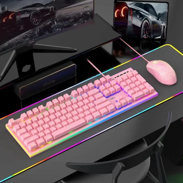 Alt view image 6 of 7 - MageGee GT838 Gaming Keyboard and Mouse Combo, 104 Keys RGB Backlit Quiet Wired Keyboards for Laptop PC MAC, with Number Pad, Metal Panel, Anti-Ghosting, Pink