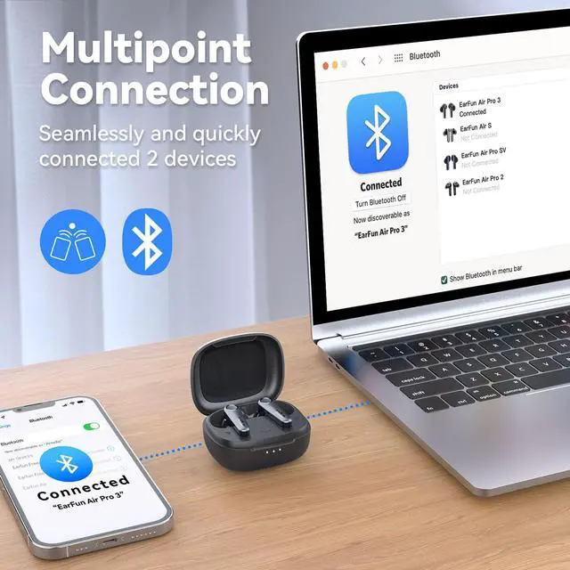 Alt view image 5 of 7 - EarFun Air Pro 3 Noise Cancelling Earbuds, Qualcomm® aptX Adaptive Sound, 6 Mics CVC 8.0 ENC, Bluetooth 5.3 Earbuds, Multipoint Connection, 45H Playtime, App Customize EQ, Wireless Charging