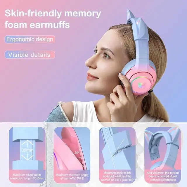 Alt view image 2 of 6 - PHNIXGAM Gaming Headset for PS4, PS5, Xbox One(No Adapter), Cat Ear Headphones with Retractable Microphone, RGB Backlight, Surround Sound for PC, Mobile Phone, Gradient Pink Blue