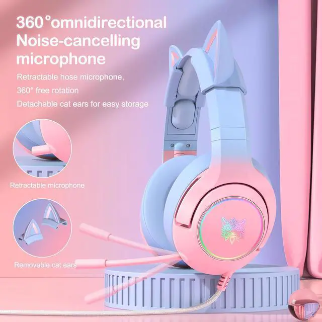 Alt view image 3 of 6 - PHNIXGAM Gaming Headset for PS4, PS5, Xbox One(No Adapter), Cat Ear Headphones with Retractable Microphone, RGB Backlight, Surround Sound for PC, Mobile Phone, Gradient Pink Blue