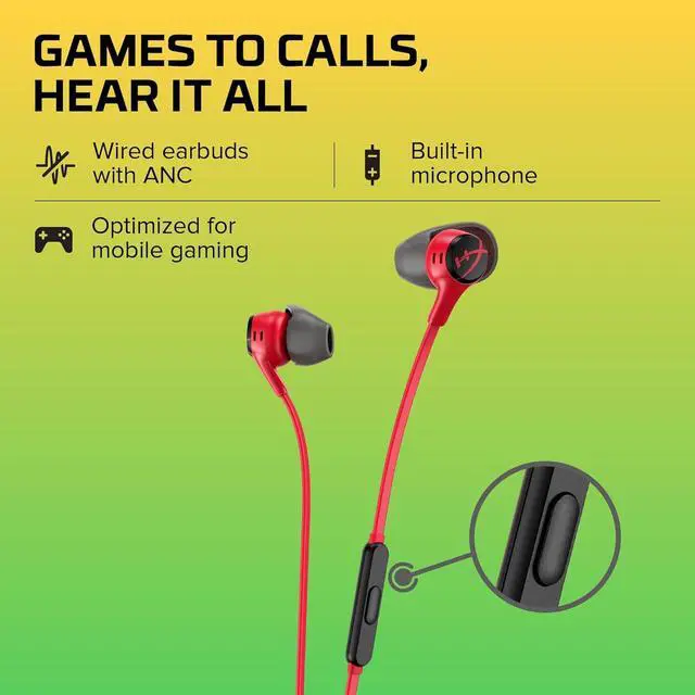 Alt view image 2 of 7 - HyperX Cloud Earbuds II  14mm Drivers, Four Eartips, Hard-Shell Carrying Case, Low-Profile 90° Plug, 3.5mm Plug, Built-in Microphone, Multi-Function Button, PC, Mobile, Nintendo Switch  Red