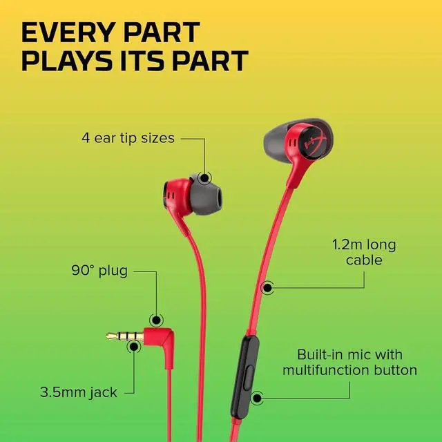 Alt view image 6 of 7 - HyperX Cloud Earbuds II  14mm Drivers, Four Eartips, Hard-Shell Carrying Case, Low-Profile 90° Plug, 3.5mm Plug, Built-in Microphone, Multi-Function Button, PC, Mobile, Nintendo Switch  Red