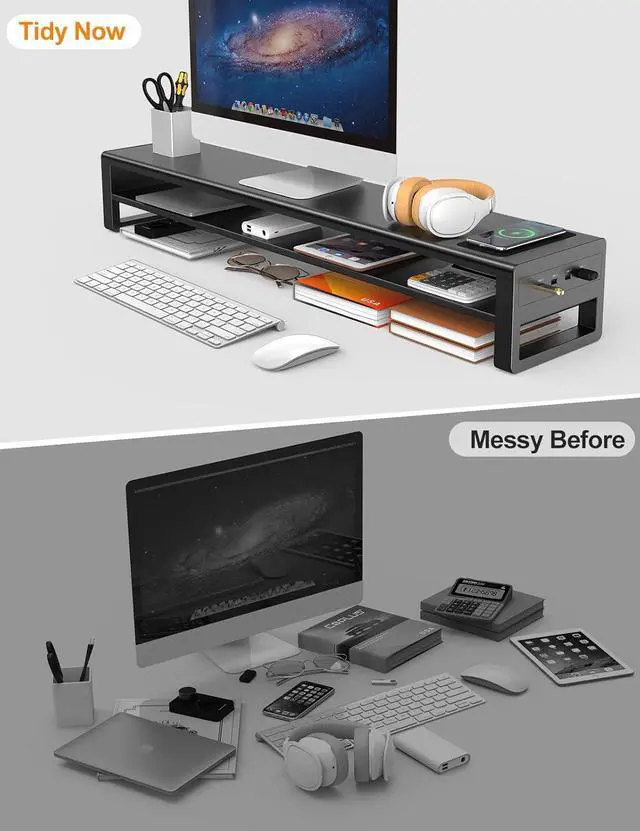 Alt view image 7 of 7 - 2 Tiers Dual Monitor Stand with Auto Charging Pad, 4 USB 3.0 Hub Ports, Double Monitor Riser, Metal Desk Stand with Storage, Long Screen Raiser for 2 Monitors/PC/Laptop/Computer Space Saver Organizer