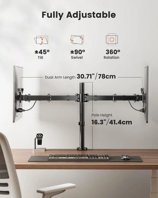Alt view image 4 of 7 - ErGear Dual Monitor Stand, Heavy Duty Adjustable Monitor Desk Mount for 2 Screens up to 32 Inches, Fully Adjustable Height, Tilt, Swivel, Rotate, Supports 17.6 lbs per Monitor Arm, Easy Installation