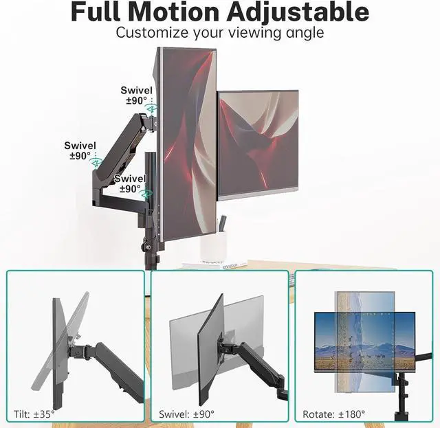 Alt view image 3 of 7 - WALI Dual Monitor Mount, 17-32 Inch Adjustable Spring Dual Monitor Arm for Desk Holds Max 17.6 lbs Screens, Swivel Vesa Bracket with C Clamp, Grommet Mounting, Monitor Arms for 2 Monitors (GSDM002)