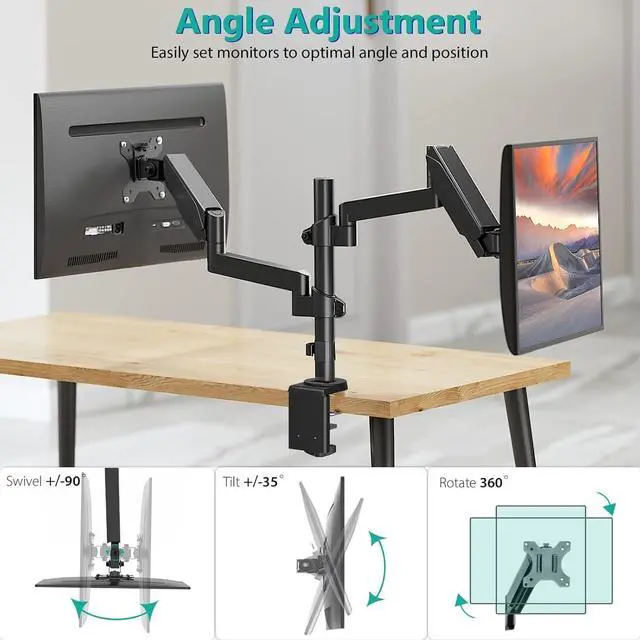 Alt view image 6 of 7 - WALI Dual Monitor Mount, 17-32 Inch Adjustable Spring Dual Monitor Arm for Desk Holds Max 17.6 lbs Screens, Swivel Vesa Bracket with C Clamp, Grommet Mounting, Monitor Arms for 2 Monitors (GSDM002)
