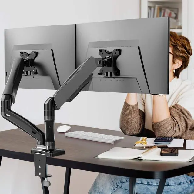 Alt view image 2 of 7 - WALI Dual Monitor Stand Arms Mounts, for 2 Monitors, Fully Adjustable Gas Spring Desk Mount Swivel Mounting Holes Bracket with C Clamp, Grommet Base for Display Up to 32 Inch,19.8lbs. (GSMP002), Black