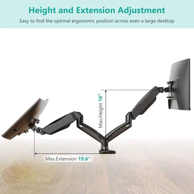 Alt view image 3 of 7 - WALI Dual Monitor Stand Arms Mounts, for 2 Monitors, Fully Adjustable Gas Spring Desk Mount Swivel Mounting Holes Bracket with C Clamp, Grommet Base for Display Up to 32 Inch,19.8lbs. (GSMP002), Black