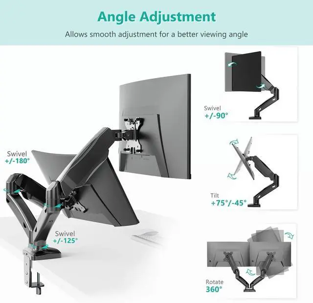 Alt view image 4 of 7 - WALI Dual Monitor Mount, Monitor Arms for 2 Monitors Fully Adjustable Gas Spring Desk Mount Swivel Mounting Holes Bracket with C Clamp, Grommet Base for Display Up to 32 Inch 19.8lbs (GSMP002), Black