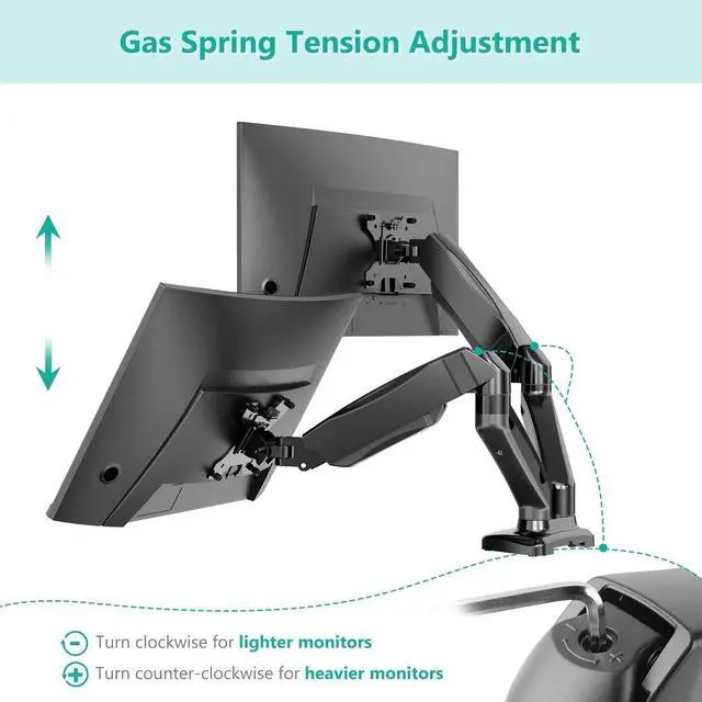Alt view image 6 of 7 - WALI Dual Monitor Mount, Monitor Arms for 2 Monitors Fully Adjustable Gas Spring Desk Mount Swivel Mounting Holes Bracket with C Clamp, Grommet Base for Display Up to 32 Inch 19.8lbs (GSMP002), Black