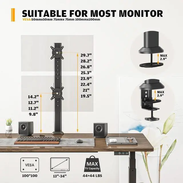 Alt view image 6 of 7 - HEMUDU Dual Monitor Articulating Desk Mount Arm Stand - Vertical Stack Screen Supports Two 13 to 34 Inch Computer Monitors with C Clamp