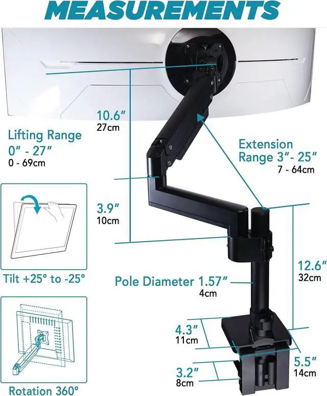 Alt view image 5 of 7 - Heavy Duty Monitor Arm for Ultrawide Monitors up to 57" and 44 lbs, Single Desk Stand, Pneumatic Height Adjustable, Modular Extension Arms - Max VESA 100x100, Black, MA20P-S