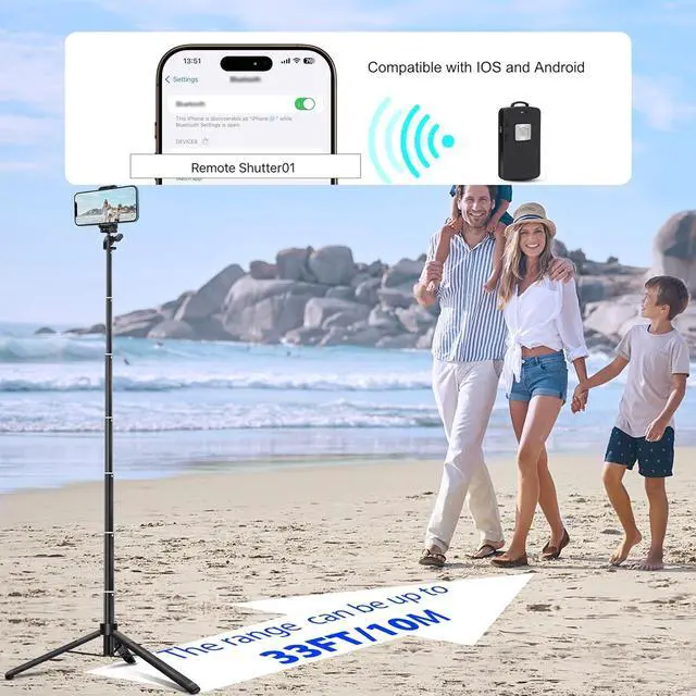 Alt view image 5 of 7 - Extendable 62 inches Aluminum Alloy Selfie Stick Phone Tripod Stand New Model with Wireless Remote Shutter Compatible with All Cell Phones/Live Stream/Vlog/iPhone 16/15/14/13/Android