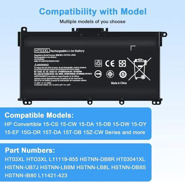 Alt view image 4 of 7 - HT03XL Battery L11119-855 HTO3XL Laptop Replacement for HP Pavilion 15-DA 15-DB 15-DW 15-CS 15-DY 17-by 17-CA 14-CE 14-CF 14-DF 14-DQ 14-DK 15z-cw100 15-da0014dx 15-DB0011DX 15-cs0053cl HSTNN-LB8M