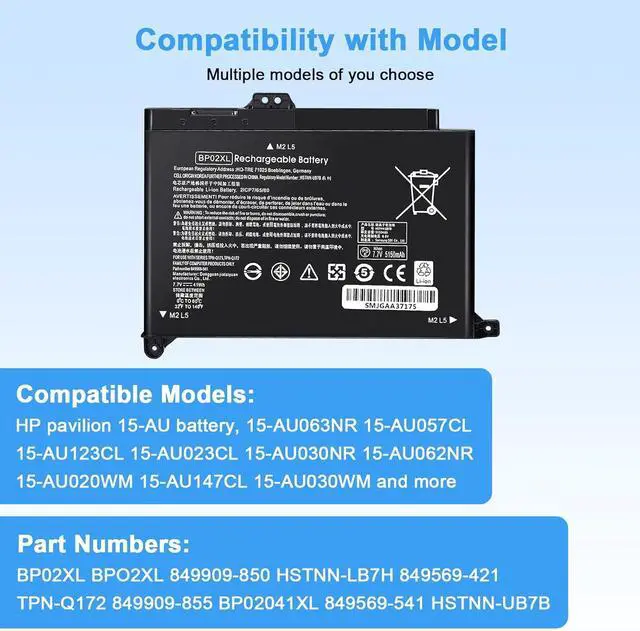 Alt view image 4 of 6 - New Replacement BPO2XL BP02XL 849909-850 rechargeable Battery for HP Notebook PC 15-au 15-AW Series 15-AU063NR 15-AU057CL 15-AU023CL 15-AU123CL 15-AW053NR 15-AU062NR 15-AU020WM HSTNN-LB7H 849569-421