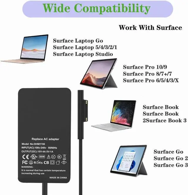 Alt view image 2 of 7 - Surface Pro Charger 65W 15V 4A Surface Laptop Charger Replacement for Microsoft Surface Pro X/9/8/7/6/5/4/3 Surface Laptop1/2/3/4/5 Surface Go1/2/3 Surface Book1/2/3 Supports Power Supply Adapter