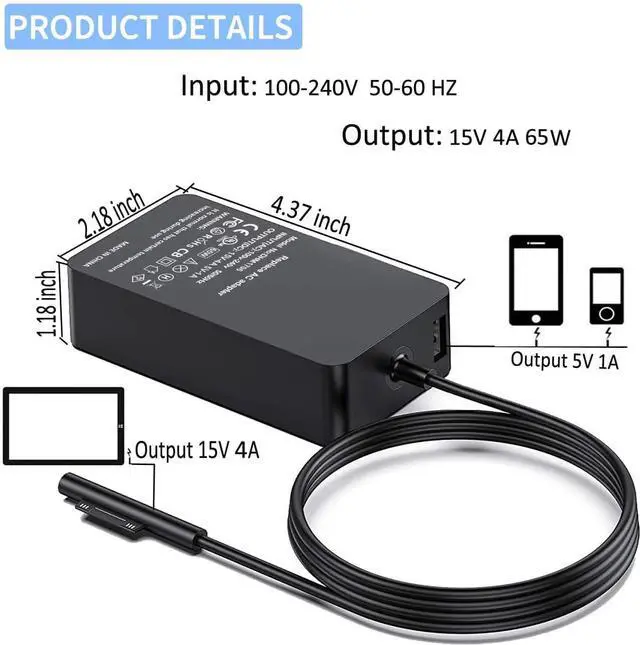 Alt view image 5 of 7 - Surface Pro Charger 65W 15V 4A Surface Laptop Charger Replacement for Microsoft Surface Pro X/9/8/7/6/5/4/3 Surface Laptop1/2/3/4/5 Surface Go1/2/3 Surface Book1/2/3 Supports Power Supply Adapter