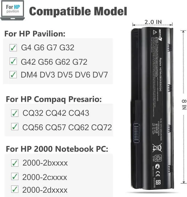 Alt view image 2 of 5 - 593553-001 593554-001 MU06 MU09 Extended Laptop Battery for HP Pavilion G6 G7 G62 G72 G4 / 2000 Notebook PC / DV6 DV7 DM4 / Compaq Presario CQ32 CQ42 CQ43 CQ56 CQ57 CQ62 CQ72[10.8V 5200mAh 6Cell]