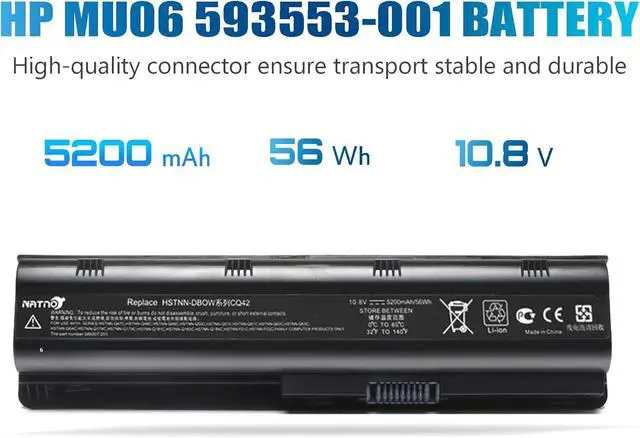 Alt view image 3 of 5 - 593553-001 593554-001 MU06 MU09 Extended Laptop Battery for HP Pavilion G6 G7 G62 G72 G4 / 2000 Notebook PC / DV6 DV7 DM4 / Compaq Presario CQ32 CQ42 CQ43 CQ56 CQ57 CQ62 CQ72[10.8V 5200mAh 6Cell]