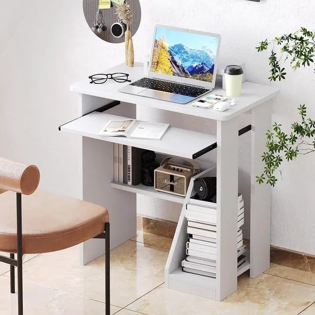 Alt view image 2 of 7 - ALISENED Home Office Computer Desk with Monitor Stand Keyboard Tray, 29.5 Inch Study Writing Desk Small PC Laptop Table with Storage Shelves, Modern Workstation for Small Spaces Save Space