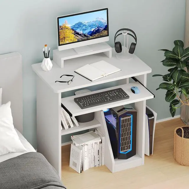 Alt view image 4 of 7 - ALISENED Home Office Computer Desk with Monitor Stand Keyboard Tray, 29.5 Inch Study Writing Desk Small PC Laptop Table with Storage Shelves, Modern Workstation for Small Spaces Save Space