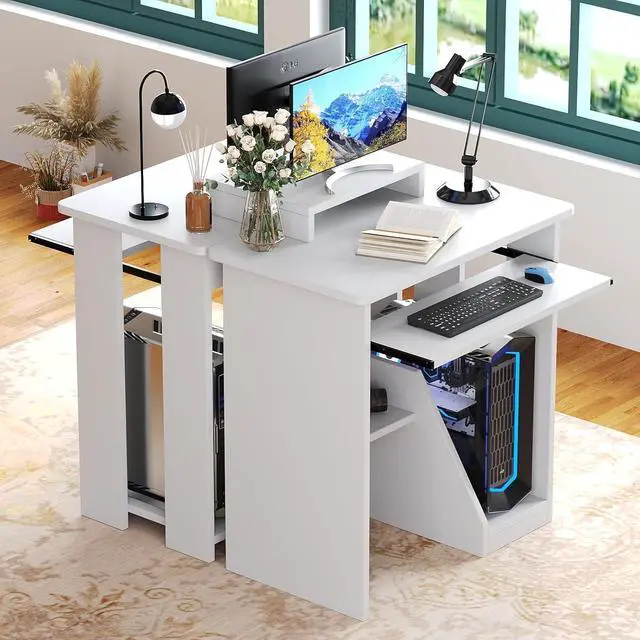 Alt view image 5 of 7 - ALISENED Home Office Computer Desk with Monitor Stand Keyboard Tray, 29.5 Inch Study Writing Desk Small PC Laptop Table with Storage Shelves, Modern Workstation for Small Spaces Save Space