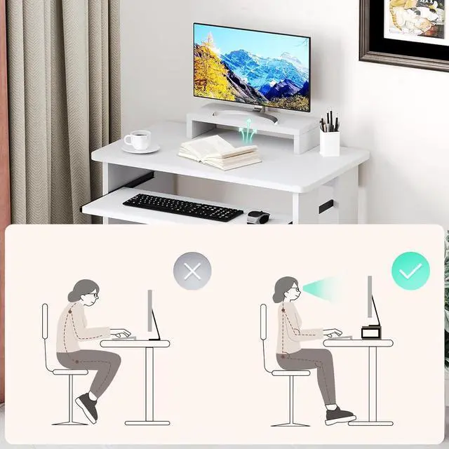 Alt view image 6 of 7 - ALISENED Home Office Computer Desk with Monitor Stand Keyboard Tray, 29.5 Inch Study Writing Desk Small PC Laptop Table with Storage Shelves, Modern Workstation for Small Spaces Save Space
