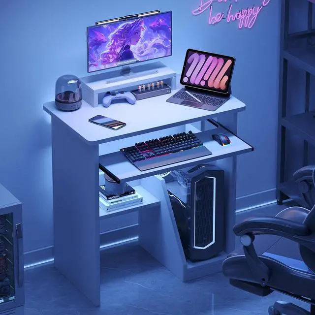 Alt view image 7 of 7 - ALISENED Home Office Computer Desk with Monitor Stand Keyboard Tray, 29.5 Inch Study Writing Desk Small PC Laptop Table with Storage Shelves, Modern Workstation for Small Spaces Save Space