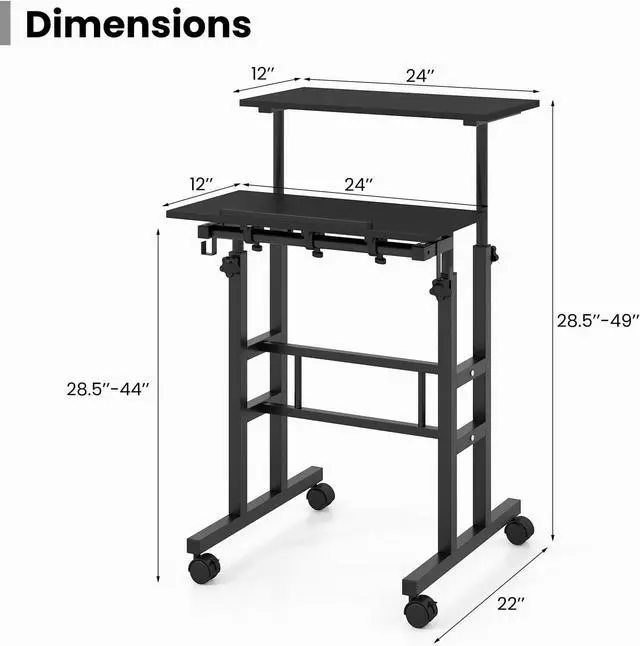 Alt view image 3 of 7 - Tangkula Mobile Standing Desk, Height-Adjustable Laptop Podium Cart with Tilting Tabletop & Adjustable Angle, Rolling Stand Up Computer Desk with 2 Hanging Hooks & Lockable Casters for Home Office