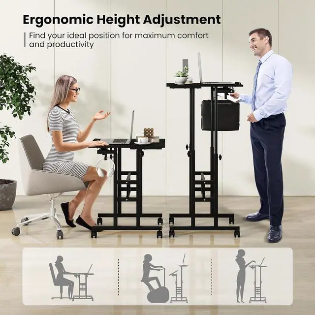 Alt view image 5 of 7 - Tangkula Mobile Standing Desk, Height-Adjustable Laptop Podium Cart with Tilting Tabletop & Adjustable Angle, Rolling Stand Up Computer Desk with 2 Hanging Hooks & Lockable Casters for Home Office