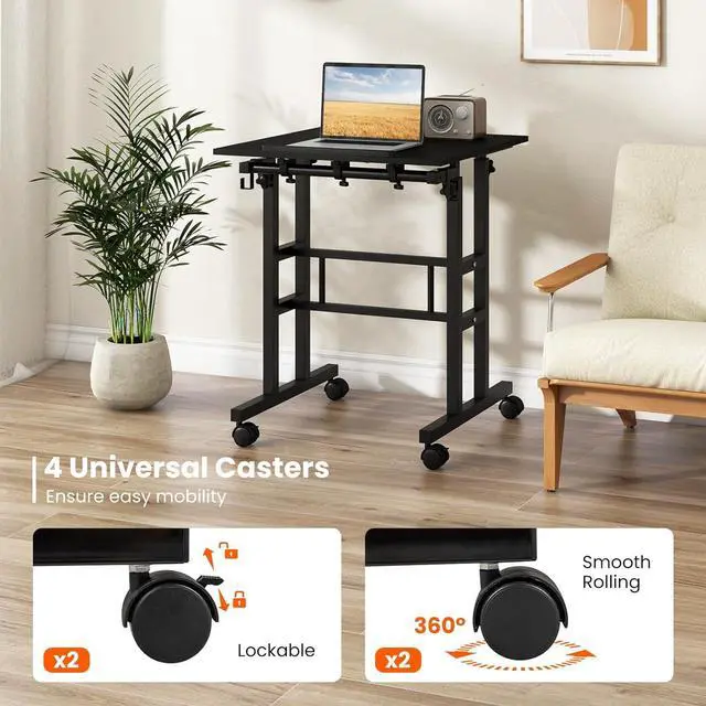 Alt view image 6 of 7 - Tangkula Mobile Standing Desk, Height-Adjustable Laptop Podium Cart with Tilting Tabletop & Adjustable Angle, Rolling Stand Up Computer Desk with 2 Hanging Hooks & Lockable Casters for Home Office