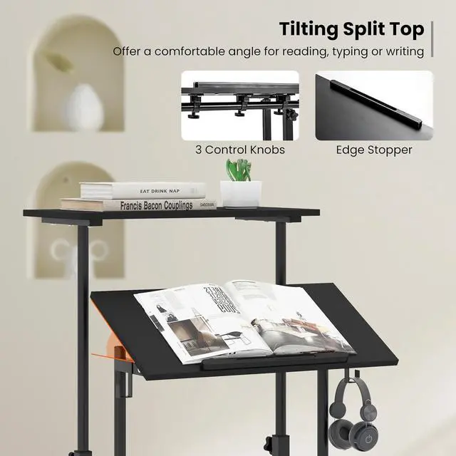 Alt view image 7 of 7 - Tangkula Mobile Standing Desk, Height-Adjustable Laptop Podium Cart with Tilting Tabletop & Adjustable Angle, Rolling Stand Up Computer Desk with 2 Hanging Hooks & Lockable Casters for Home Office