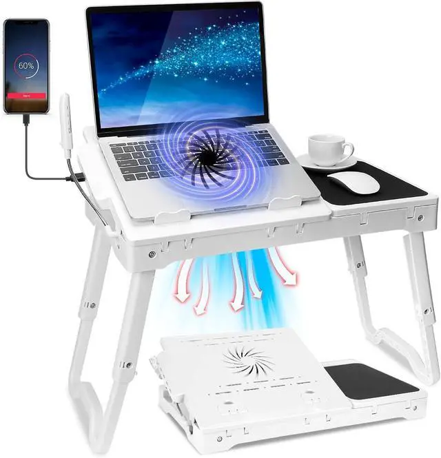 Main image of Laptop Desk for Bed,Adjustable Laptop Stand Foldable Bed Table Portable Lap Desk Folding Notebook Stand Reading and Writing Tray with 4 USB Port and Cooling Fan for Bed Couch Sofa Floor (White)