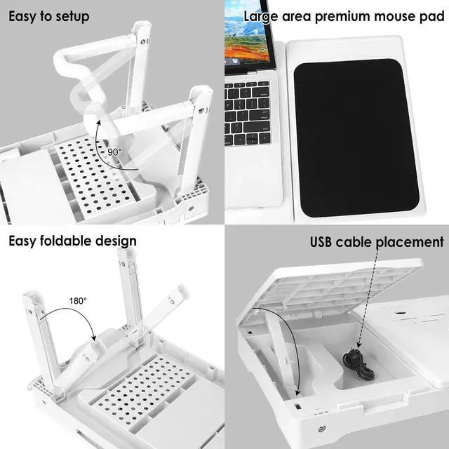 Alt view image 4 of 7 - Laptop Desk for Bed,Adjustable Laptop Stand Foldable Bed Table Portable Lap Desk Folding Notebook Stand Reading and Writing Tray with 4 USB Port and Cooling Fan for Bed Couch Sofa Floor (White)