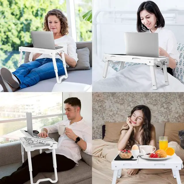 Alt view image 7 of 7 - Laptop Desk for Bed,Adjustable Laptop Stand Foldable Bed Table Portable Lap Desk Folding Notebook Stand Reading and Writing Tray with 4 USB Port and Cooling Fan for Bed Couch Sofa Floor (White)