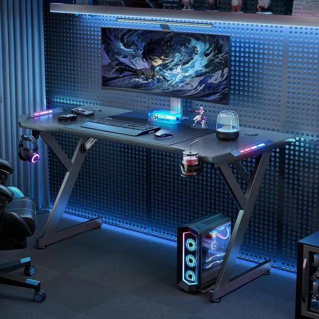 Alt view image 2 of 6 - HLDIRECT 55 Inch Gaming Desk with LED Lights, Ergonomic Computer Gaming Table with Carbon Fibre Surface, Sturdy PC Workstation Desk for Gaming and Home Office with Headphone Hook, Cup Holder, Black