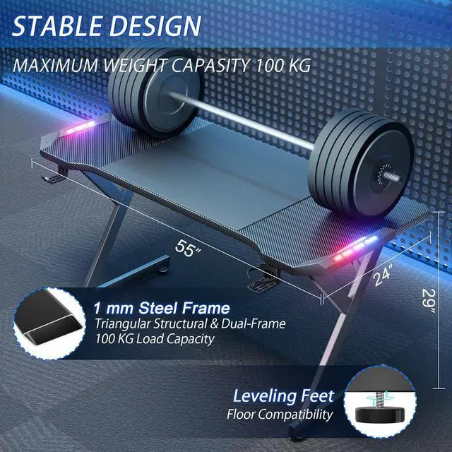 Alt view image 3 of 6 - HLDIRECT 55 Inch Gaming Desk with LED Lights, Ergonomic Computer Gaming Table with Carbon Fibre Surface, Sturdy PC Workstation Desk for Gaming and Home Office with Headphone Hook, Cup Holder, Black