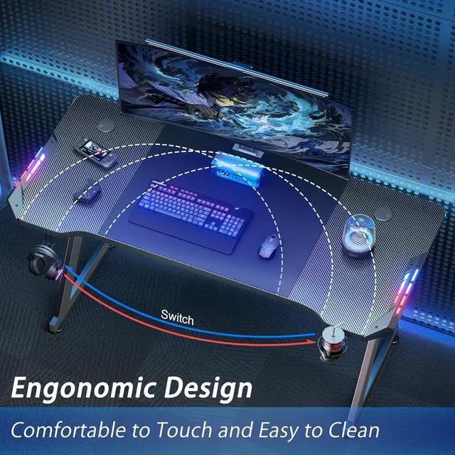 Alt view image 4 of 6 - HLDIRECT 55 Inch Gaming Desk with LED Lights, Ergonomic Computer Gaming Table with Carbon Fibre Surface, Sturdy PC Workstation Desk for Gaming and Home Office with Headphone Hook, Cup Holder, Black