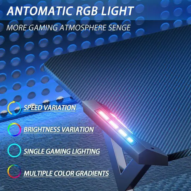 Alt view image 5 of 6 - HLDIRECT 55 Inch Gaming Desk with LED Lights, Ergonomic Computer Gaming Table with Carbon Fibre Surface, Sturdy PC Workstation Desk for Gaming and Home Office with Headphone Hook, Cup Holder, Black