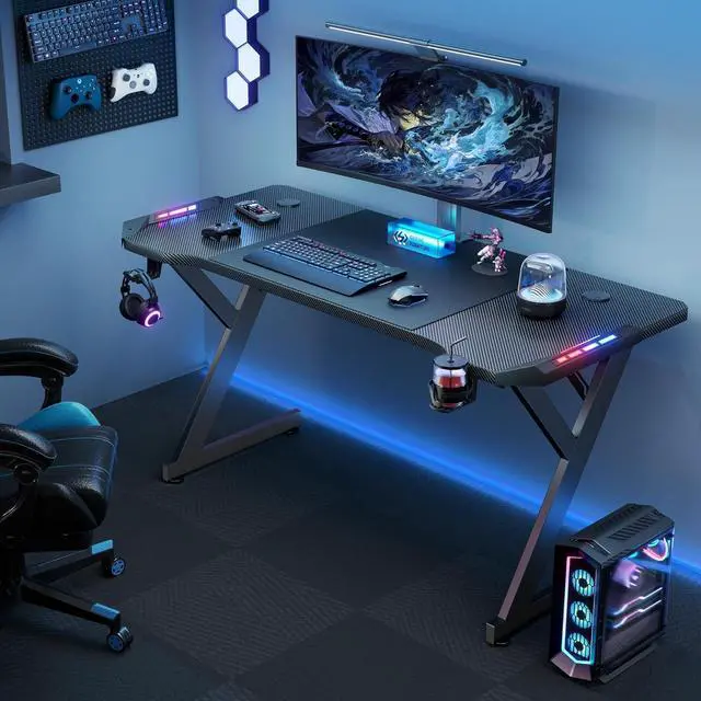 Alt view image 6 of 6 - HLDIRECT 55 Inch Gaming Desk with LED Lights, Ergonomic Computer Gaming Table with Carbon Fibre Surface, Sturdy PC Workstation Desk for Gaming and Home Office with Headphone Hook, Cup Holder, Black