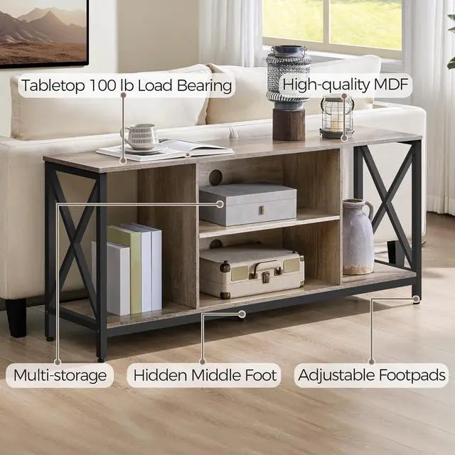 Alt view image 5 of 7 - Yaheetech TV Stand for TVs up to 65 Inch, 55 Inch Entertainment Center with Storage, Wood TV Console with Shelves for Living Room, Gray